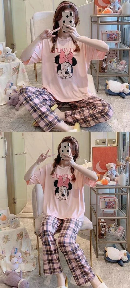 Sommer Pooh Bär Nachtwäsche frauen Lose Bequeme Cartoon Print Hause Kleidung Set Kurzarm Nachthemd Mickey Pyjama Set.