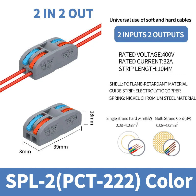 1 In Multiple Out Quick Wiring Connector Universal Splitter Wiring Cable Push In Terminal Block Universal Fast Wiring SPL 222 23