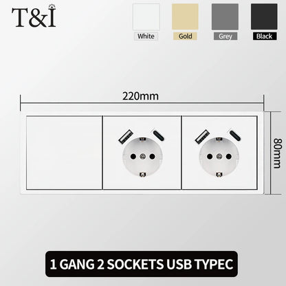 Europäische Wandsteckdose, EU-Steckdose, USB-Typ-C-Ladeanschlüsse, 1/2-Gang-Lichtschalter, 16 A 250 V, Unterputzmontage, weißes Panel, 80 x 80 mm.