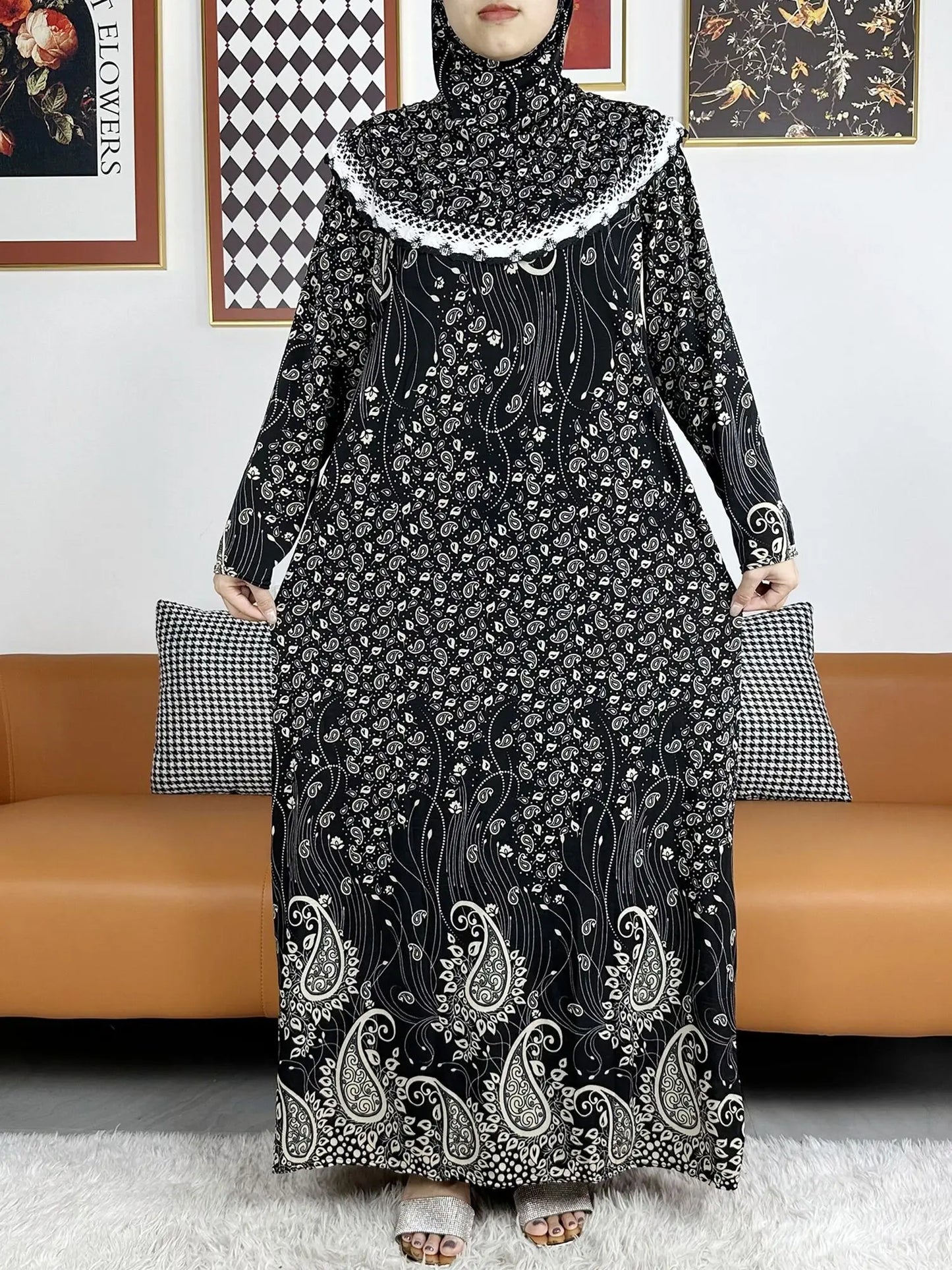 2023 Muslim Solid Cotton Abaya For Women Ramadan Prayer Garment Joint Hat Dubai Turkey Middle East Femme Robe Floral Loose Dress
