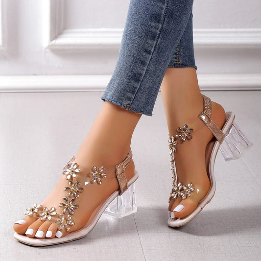 Women;s Sandals Pvc Crystal Flower Shoes for Women Decoration Chunky Heel Sandals Ladies Back Strap Fashion Shoes Female2024.