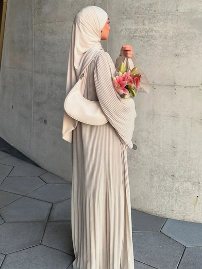 Siskakia Ramadan-Muslim Solid Wrinkle Dresses For Women's Dubai  Moroccan Petal Sleeve Abayas O-Neck Elegant Kebaya 2024.