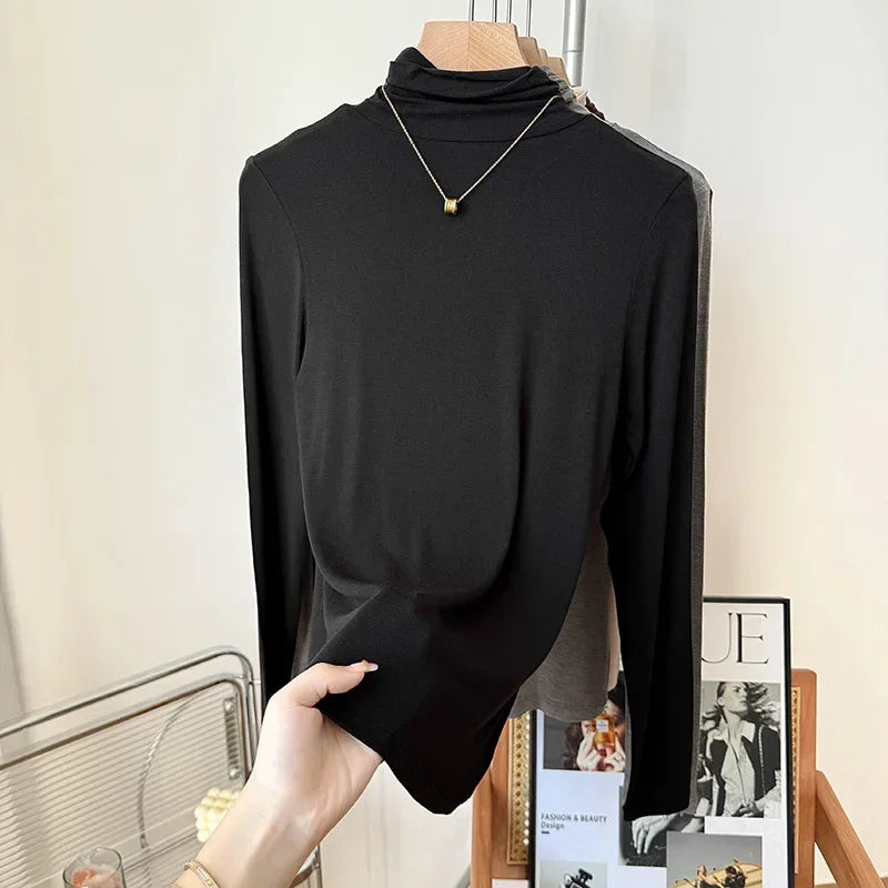 Yuyue Women's High-necked High Strecth Bottoming Shirt Old Money Style Silk Pile Collar Base Top Contain Mulberry Silk and Wool