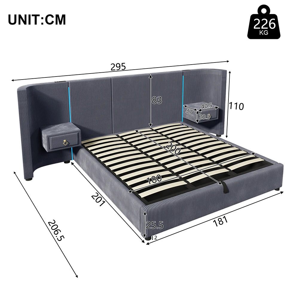 KOMHTOM Polsterbett 180x200cm, Samt mit, LED-Leiste, hydraulischem Stauraum, 2 Schubladen und USB+TYPE-C Anschluss