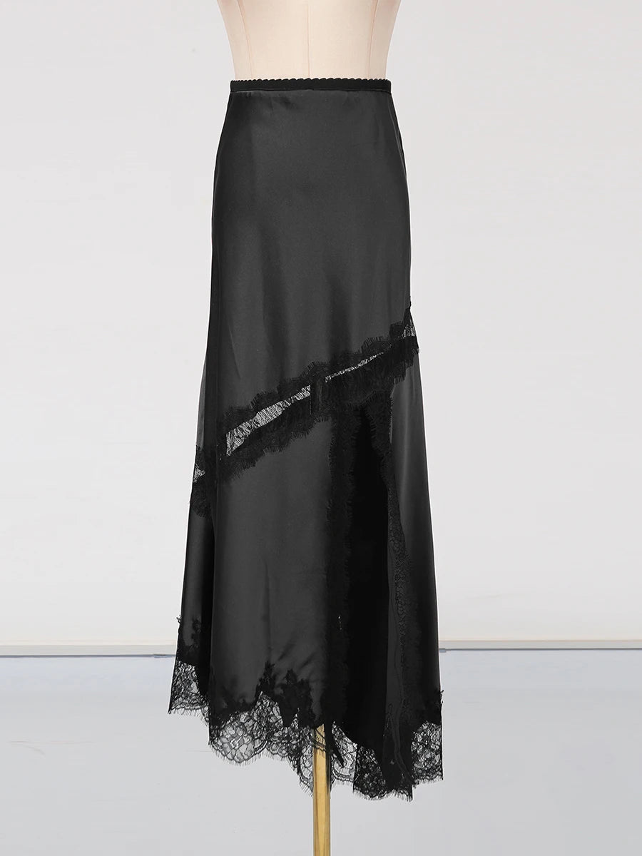 GALCAUR Hit Color Sheer Spliced Lace Elegant Skirts for Women High Waist Patchwork Split Temperament Skirt Female Fashion Style