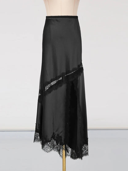 GALCAUR Hit Color Sheer Spliced Lace Elegant Skirts for Women High Waist Patchwork Split Temperament Skirt Female Fashion Style