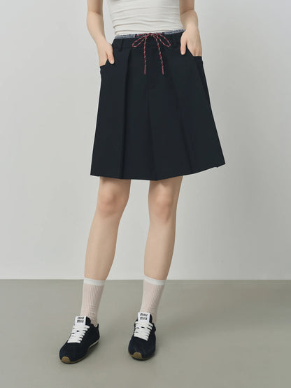 FSLE Double Waist Fake Two-piece Plaid Splicing Drawstring Skirt 2025 Autumn New Style Skirt 25FS13096.