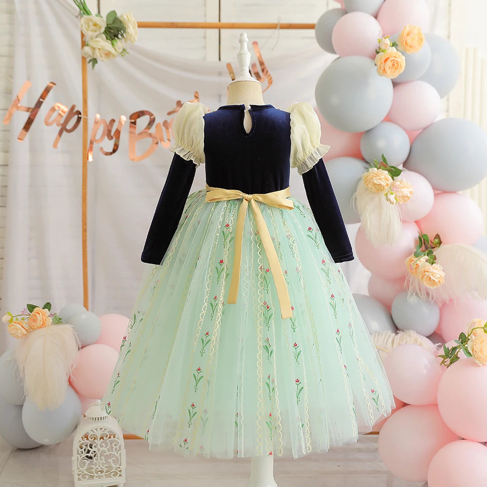 Ärmelloses, bauschiges Prinzessinnenkleid für Mädchen, Blumenstickerei, Schleife, Farbblock, geschichteter Saum, Tüll-Tutu-Kleid, Performance-Kleid, Hochzeit.