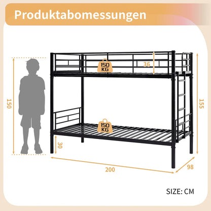 Etagenbett aus Metall, 90 x 200 cm, Etagenbett mit ausklappbarem Bett, erweiterbar auf zwei Einzelbetten oder Erwachsenenbetten, Schwarz