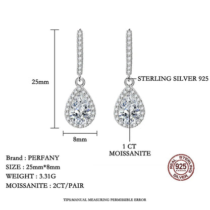PERFANY 1CT Pear Cut Moissanite Earrings for Women S925 Pure Silver Laboratory Cultivated Diamonds Elegant Wedding Jewelry.