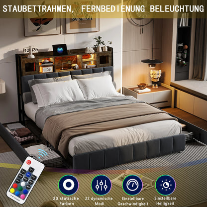 Rosahqnda Doppelbettgestell 140–160 x 200 cm mit LED, USB und Schubladen, gepolstertes Jugendbett, Wohnungsbett, Gästezimmer, Leinen, Grau