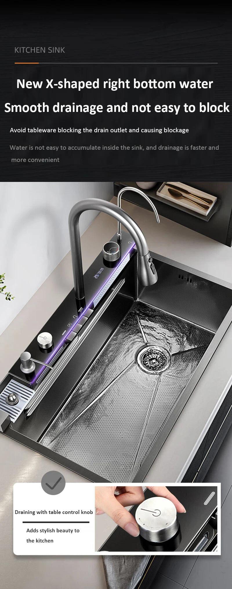 68x46cm Large Capacity Kitchen Sink Faucet Whale Waterfall Design Multifunctional Single Tank Home Appliance Fashionable