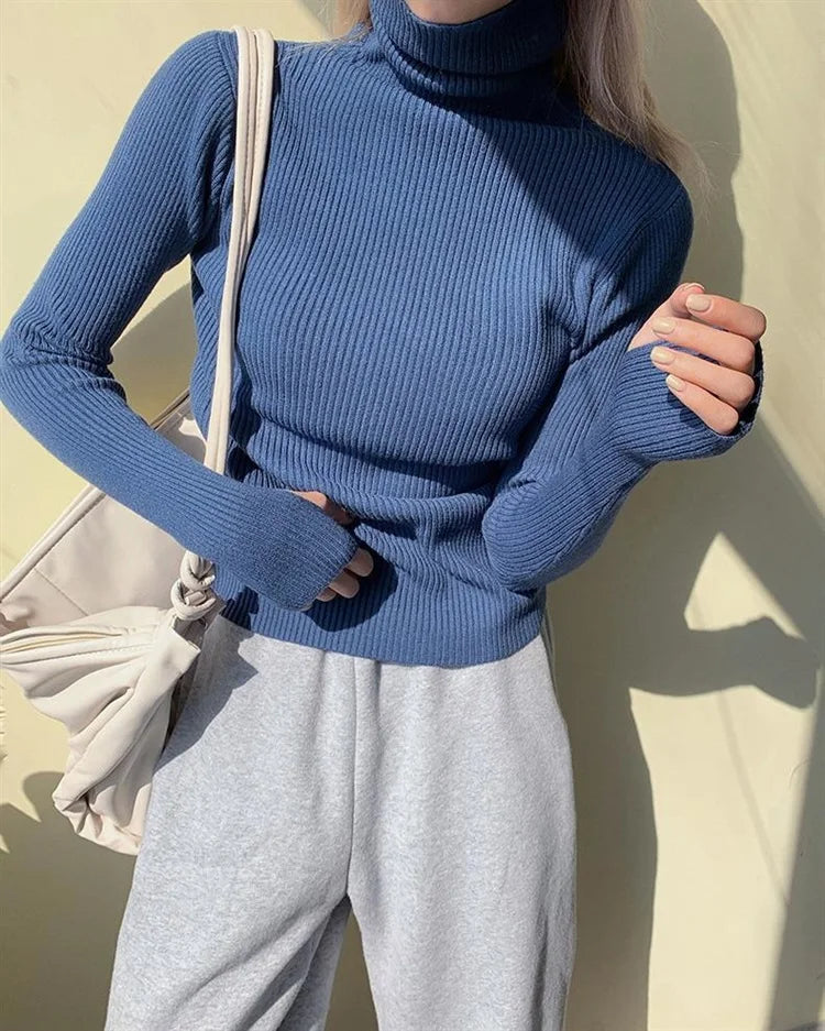 Neue Herbst Winter Grundlegende Gestrickte Tops Frauen Rollkragen Pullover Casual Pullover Koreanische Mode Einfache Mit Daumen Löcher Chic Kleidung.