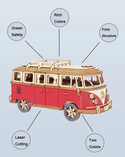Retro Bus European-style Campervan 3D Wooden Car Puzzle DIY Sailing Ship Airplane Building House Model Jigsaw Toys For Children.