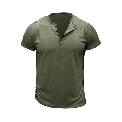 Summer Men's Cotton T-shirt Short-sleeve Henley Collar Casual Solid Color Button Tees Polo High Quality Male Cozy T-shirts.