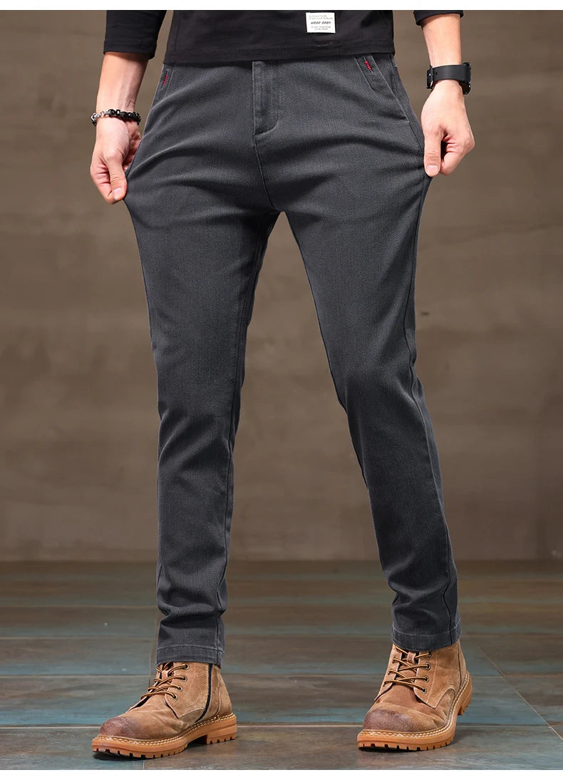 Men's Business Casual Pants Stretch Slim Fit Straight Semi-elastic Waist Trousers Solid Classic Office Work Male Clothing.