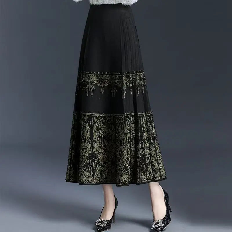 FairyShely Pleated Knitted Skirt For Women 2025 Autumn Winter Warm High Waist Long Skirts Ladies Plus Size Black A-line Skirt.
