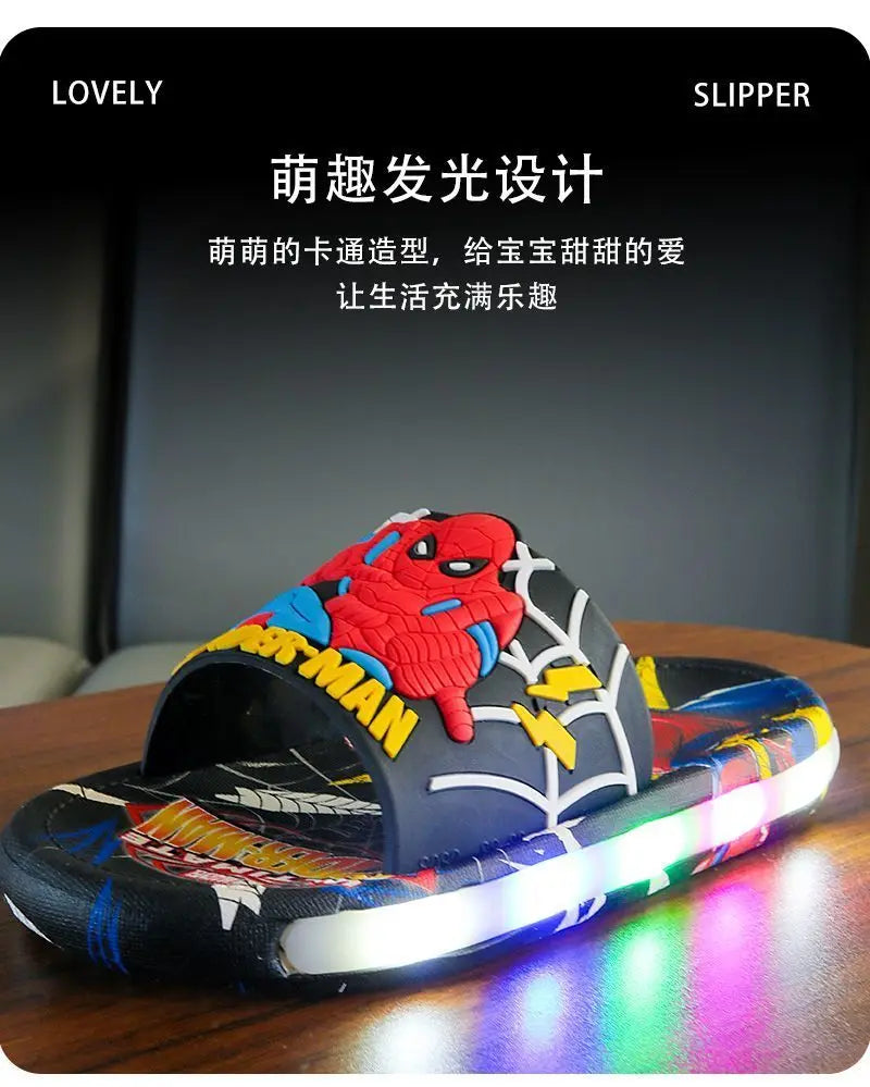 Disney Spider-Man Children's Slippers Non-slip Cartoon Light Soft Soled Slippers For Boys LED Light Luminous Children's Summer S.