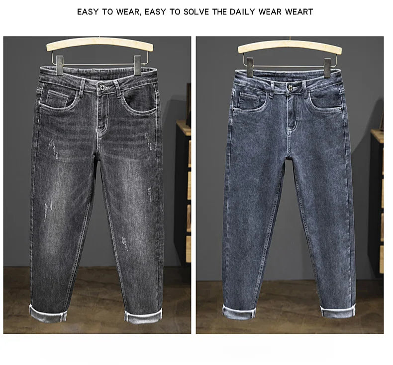 2024 New Spring Autumn Men's Nine-Point Pants Slim Jeans Fashion Casual Denim Trousers Smoke Gray Blue Gray Brand Clothing.