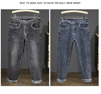 2024 New Spring Autumn Men's Nine-Point Pants Slim Jeans Fashion Casual Denim Trousers Smoke Gray Blue Gray Brand Clothing.