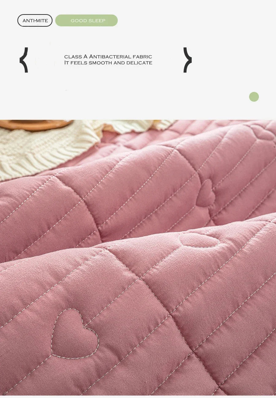 Washed cotton quilted thicken mattress pink romance heart sleeping mat 150cm bed sheet bed protection pad queen king size.