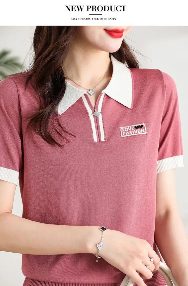 Fashionable polo collar middle-aged and elderly women's loose knitwear thin casual short-sleeved T-shirt.