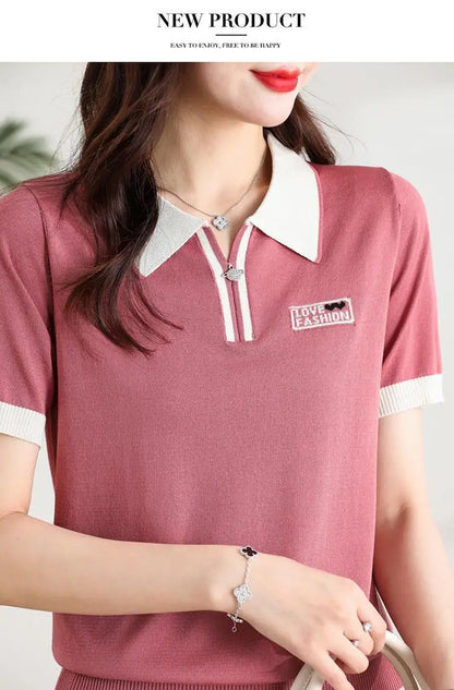 Fashionable polo collar middle-aged and elderly women's loose knitwear thin casual short-sleeved T-shirt.