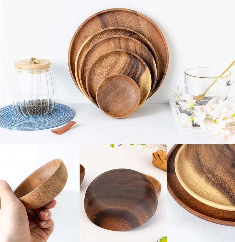 Natural Wood Hand-made Dinner PlatesUnbreakable Plate Sushi Dessert Fruit Bread Snack Tray Kitchen Bar Tableware Home Decoration.