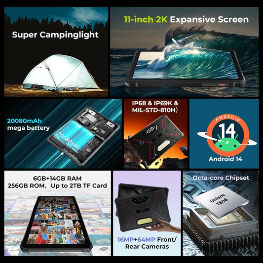 HOTWAV R9 Pro Rugged Tablet Android 14 11" FHD+ 20080mAh Pad 64MP Rear Camera 6GB 256GB Tablet PC With Super Camping light.