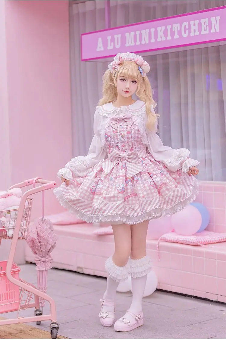 Anime My Melody Lolita Kleid Cinnamoroll Prinzessin Kleid Kuromi Süßer süßer Druck Schleife Spitze Party Trägerkleid Kawaii Academy Kleid.