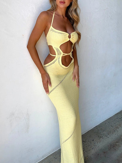 Damen ärmelloses Strick langes Kleid einfarbig Neck holder vorne Ausschnitt hinten Krawatte schlankes Kleid Sommer Strand Freizeit kleid.