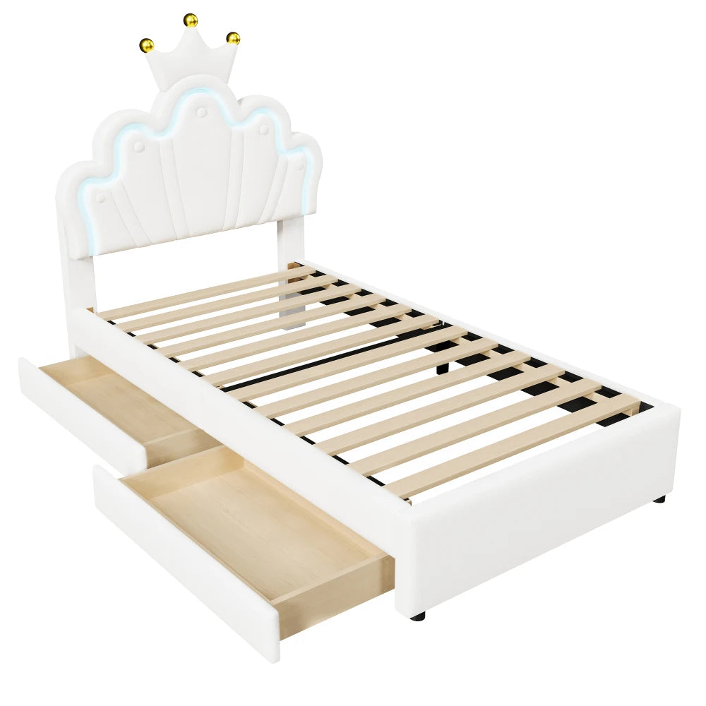 Polsterbett ohne Matratze, ferngesteuertes Umgebungslichtbett mit 2 Schubladen, kronenförmiges Prinzessinnenbett, verstellbarer Kopf, PU, Weiß