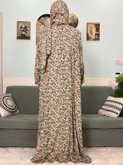 Muslim Cotton Abayas For Women Traditional Floral Ramadan Prayer Garment African Caftan Marocain Femme Robe Connected Headscarf.