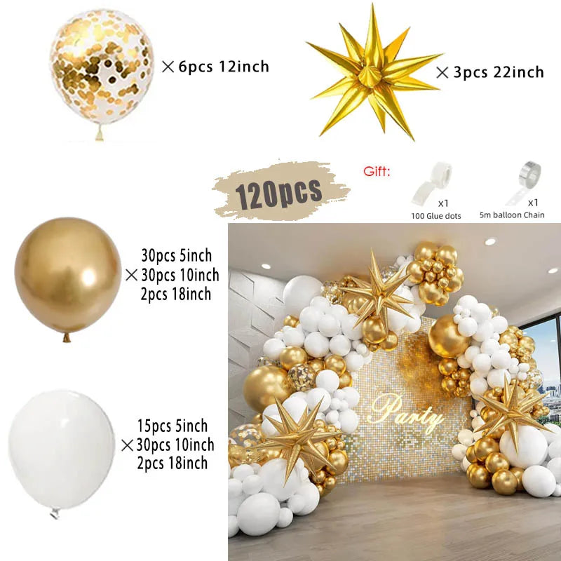 Weiße und goldene Luftballons, Girlandenbogen-Set mit Starburst-Folienballon für Hochzeit, Jahrestag, Geburtstag, Party, Dekoration