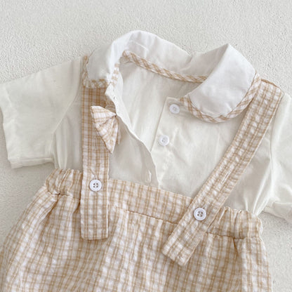 Bodys Sommer Baby und Kinder einteilige Kleidung Puppen hals kurz ärmel ige karierte elastische Bund Dreieck einteiligen Stram pler