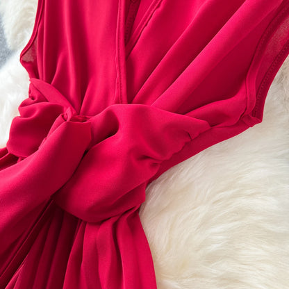 Französisch Vintage elegante Plissee Vneck Kleid A-Linie Mode Chiffon Frühling Herbst ärmellose Vestidos Frauen kleider.