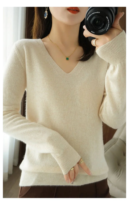 Neue Kaschmir frauen V-ausschnitt Pullover Spitze Neck Aushöhlen Design Beiläufige Gestrickte Lange Hülse frauen Pullover Herbst Und winter