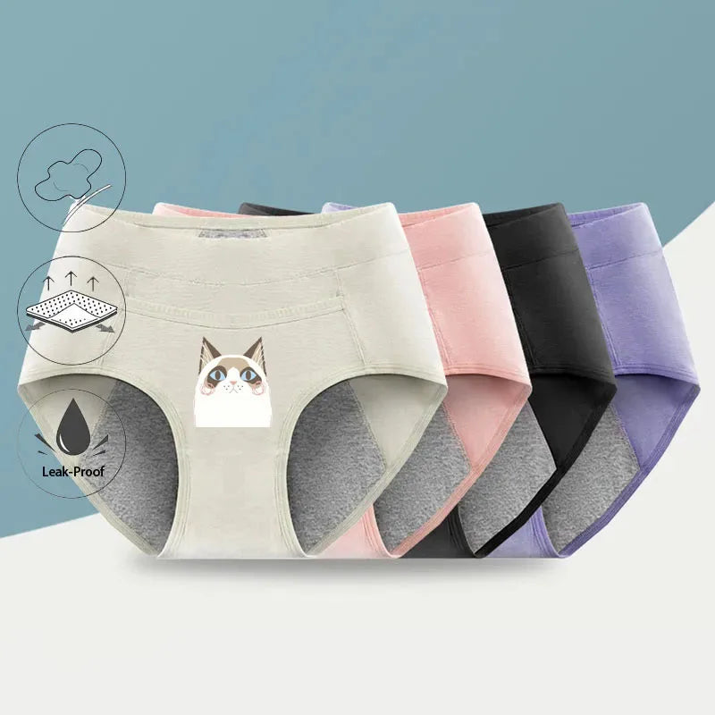 Cotton Menstrual Panties Leak Proof Breathable Cartoon cat Panties Woman Women Girls Physiological Pants Women's Intimates M-XL.