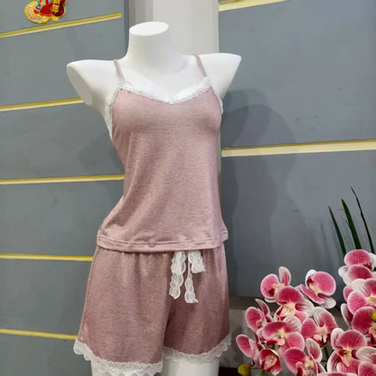 Weiches Pyjama-Set für Damen, sexy Cami-Top mit Spitzenbesatz und Shorts, zweiteilige Nachtwäsche, Loungewear, süßer Sommer, V-Ausschnitt, lässiger Pyjama, neu und heiß