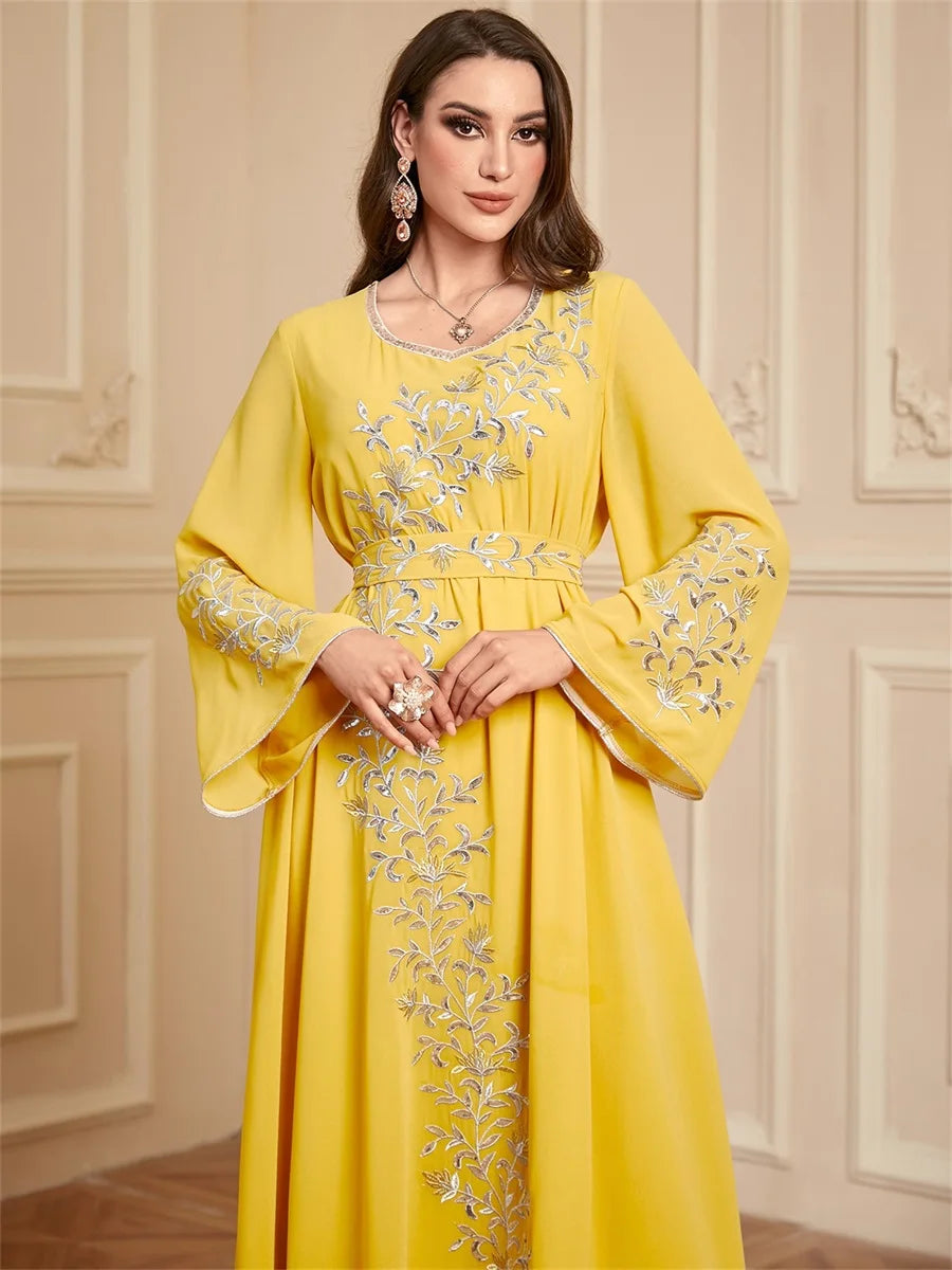 Siskakia Ramadan Muslim Woman’s Elegant Embroidery Abayas With Sashes Long Modest Dresses Women Loose Fashion Kebaya.