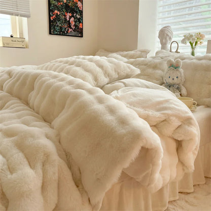 Luxury Faux Rabbit Fur Velvet Fleece Plush Soft Warm Bedding Set Super Comfortable Duvet Cover Set Blanket Bed Sheet Pillowcases