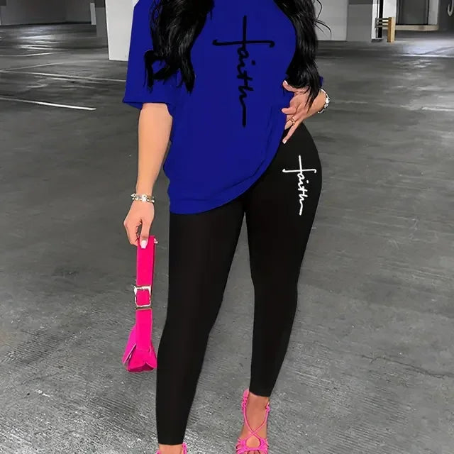 Sommermode für Damen, All-Match, Glaube, Buchstabendruck, lockere, große T-Shirt-Leggings, zweiteiliges Set, kurze Ärmel und lange Hosen