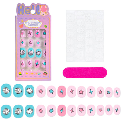 24Pcs/box Kids nails for Girl Cartoon Pattern False Nail Cute Child Fake Nails Tips Kawaii Acrylic Artificial Press on Nail+Tool