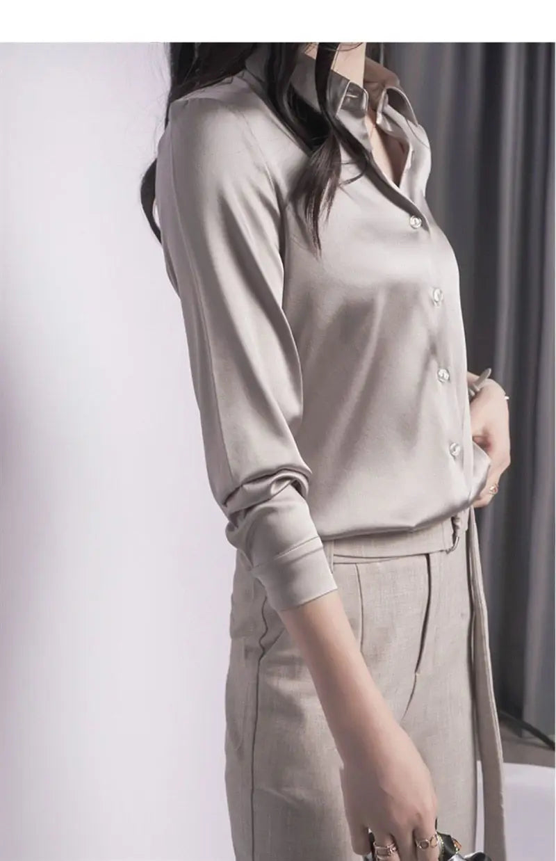 Spring Summer Casual Women's Satin Shirt Lapel Long Sleeve Blouse Loose Solid Color Office Lady Fashion Shirts Top.