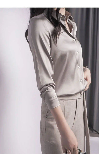 Spring Summer Casual Women's Satin Shirt Lapel Long Sleeve Blouse Loose Solid Color Office Lady Fashion Shirts Top.