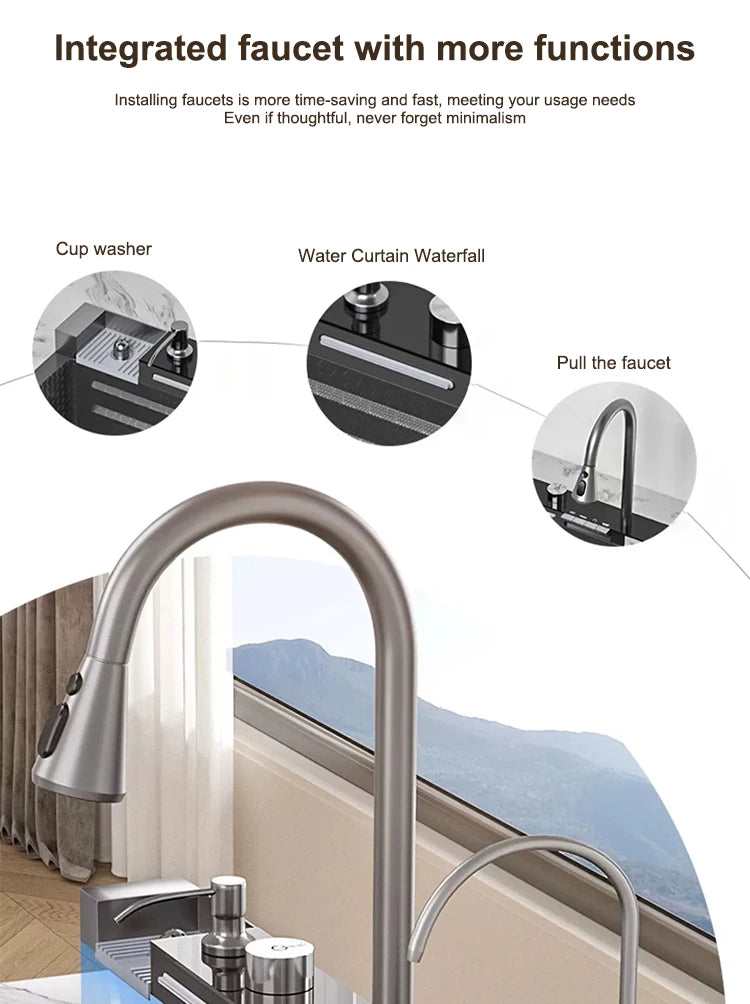 Küchenspüle, Wasserfall-Waschbecken aus Edelstahl, extra großer Einzelschlitz mit Digitalanzeige, Wasserhahn-Set für die Küche