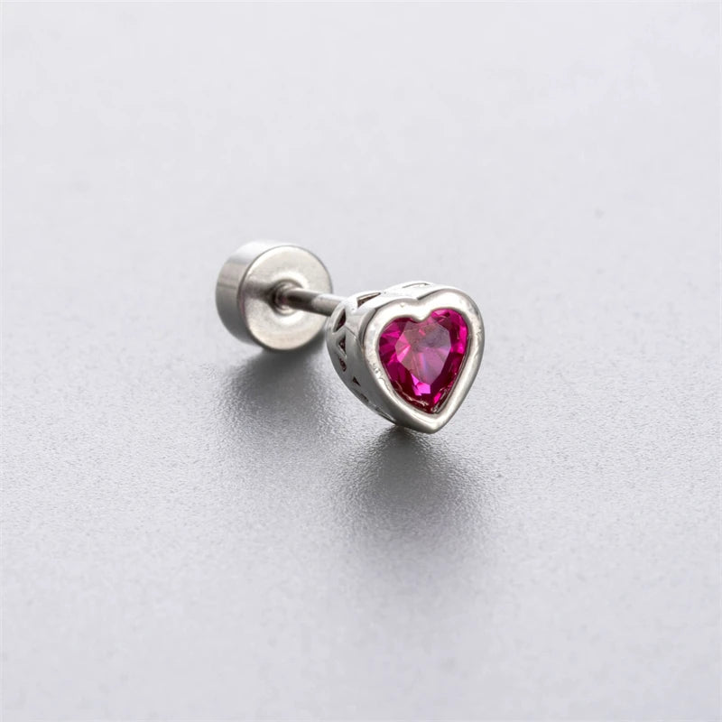 New Trendy Shiny Rose Red Color Zircon 316L Stainless Steel Ear Bone Nail Y2K Gothic Love Heart Small Earrings for Women Jewelry