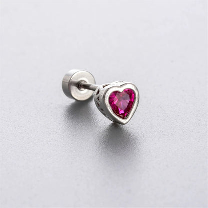 New Trendy Shiny Rose Red Color Zircon 316L Stainless Steel Ear Bone Nail Y2K Gothic Love Heart Small Earrings for Women Jewelry