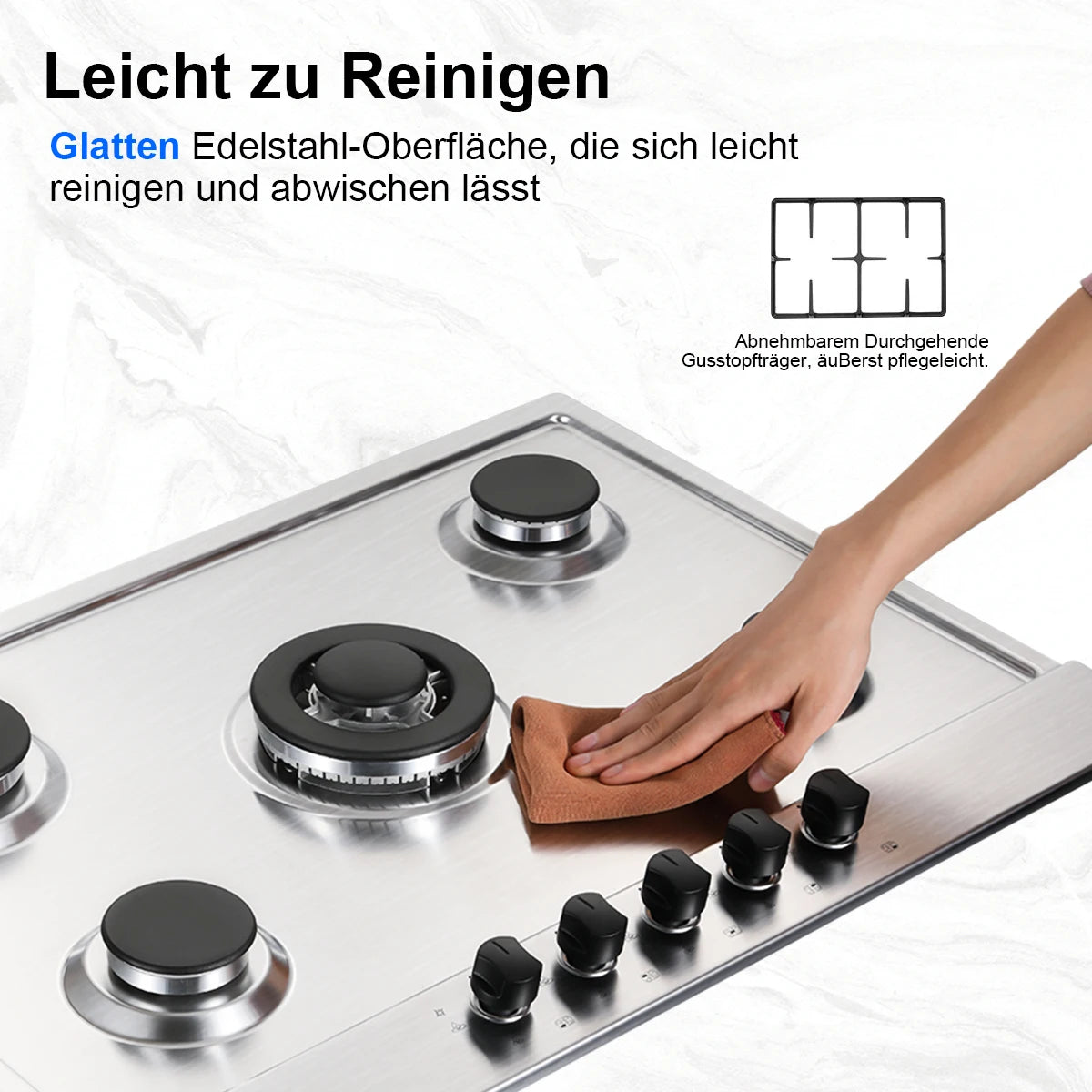 68cm 5-Burner Gas Hob Stainless Steel Gasherd Auto Flame Shield & Dual Fuel (Erdgas/LPG) 10460W Pro Line Built-in/Standherd.