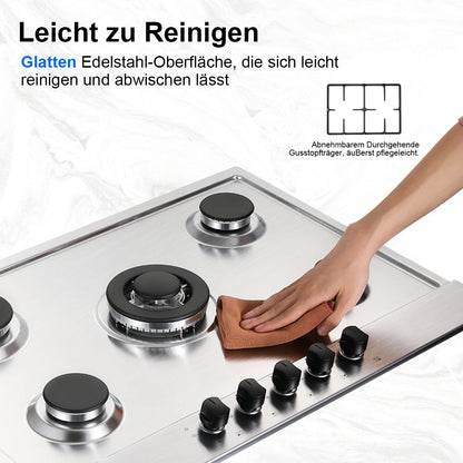 68cm 5-Burner Gas Hob Stainless Steel Gasherd Auto Flame Shield & Dual Fuel (Erdgas/LPG) 10460W Pro Line Built-in/Standherd.
